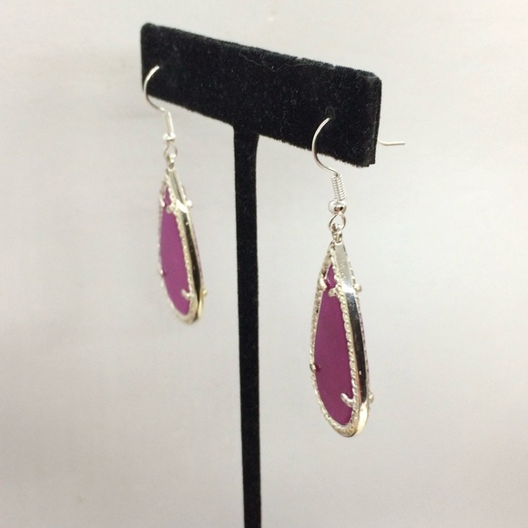 PURPLE NEPHRITE JADE TEAR DROP EARRINGS SILVER TONE DANGLE DROP CAGED - Picture 4 of 10